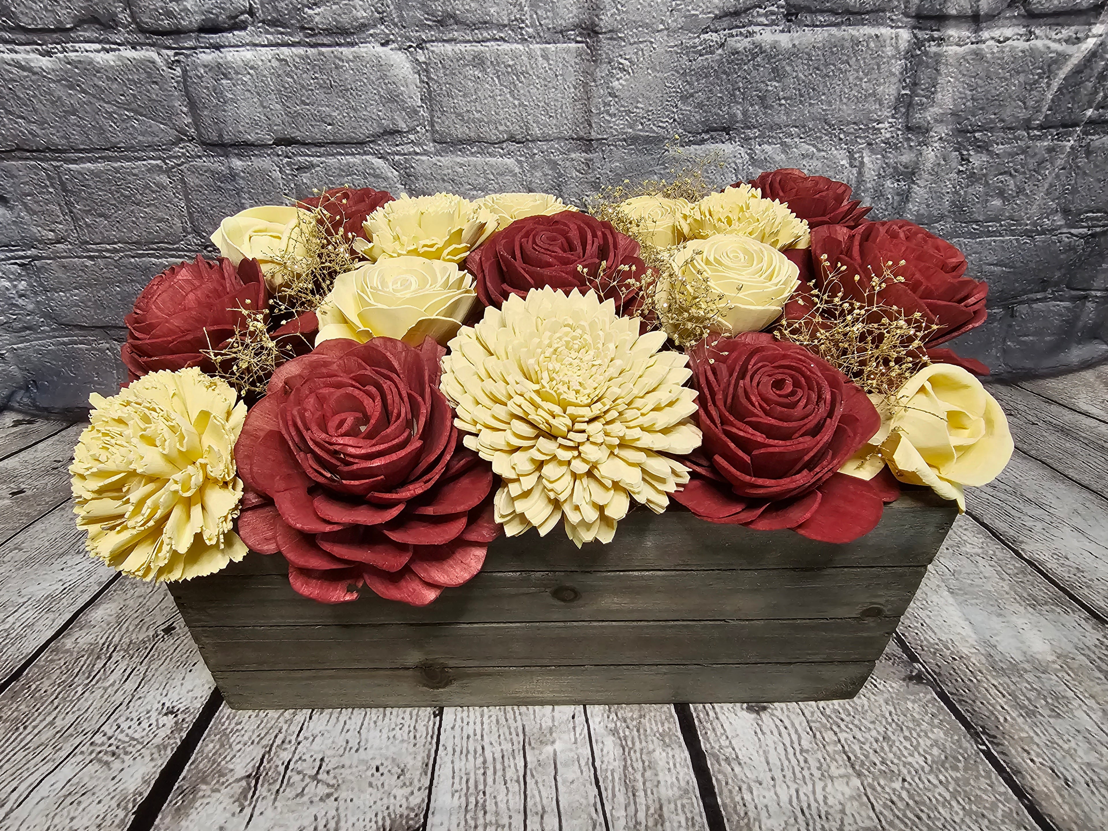 Wine & Ivory Sola Wood Floral Arrangement in Rustic Wooden Planter