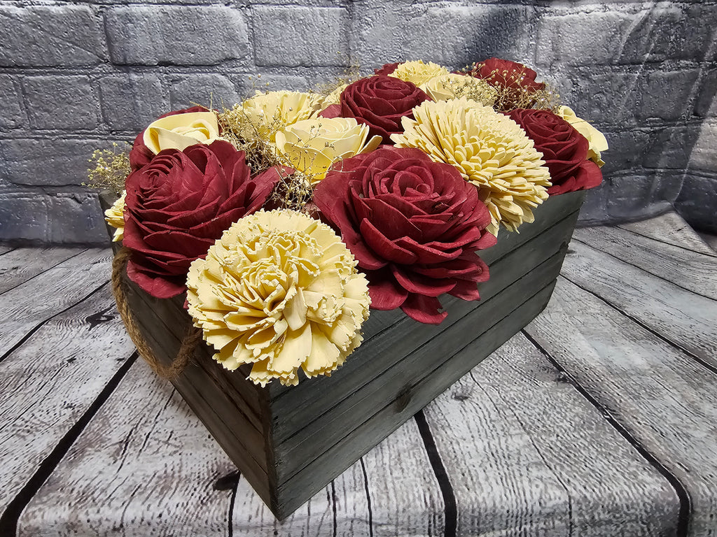 Wine & Ivory Sola Wood Floral Arrangement in Rustic Wooden Planter