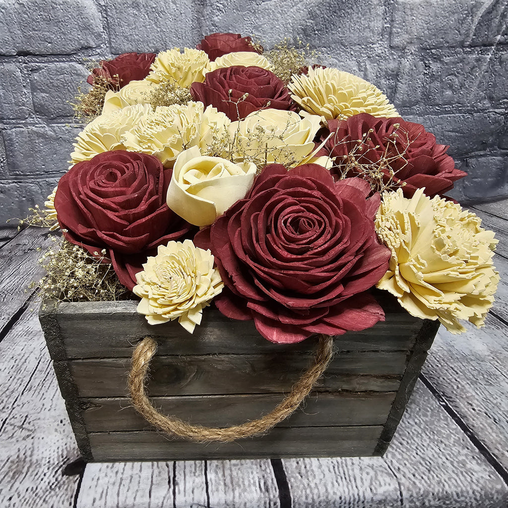 Wine & Ivory Sola Wood Floral Arrangement in Rustic Wooden Planter