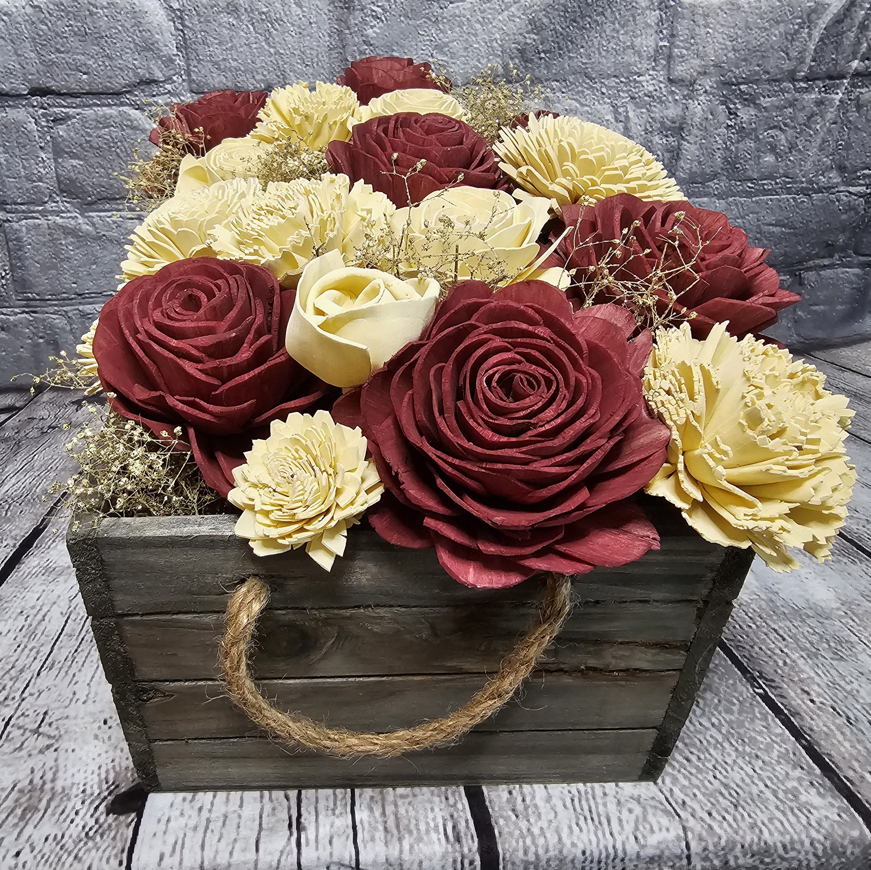 Wine & Ivory Sola Wood Floral Arrangement in Rustic Wooden Planter