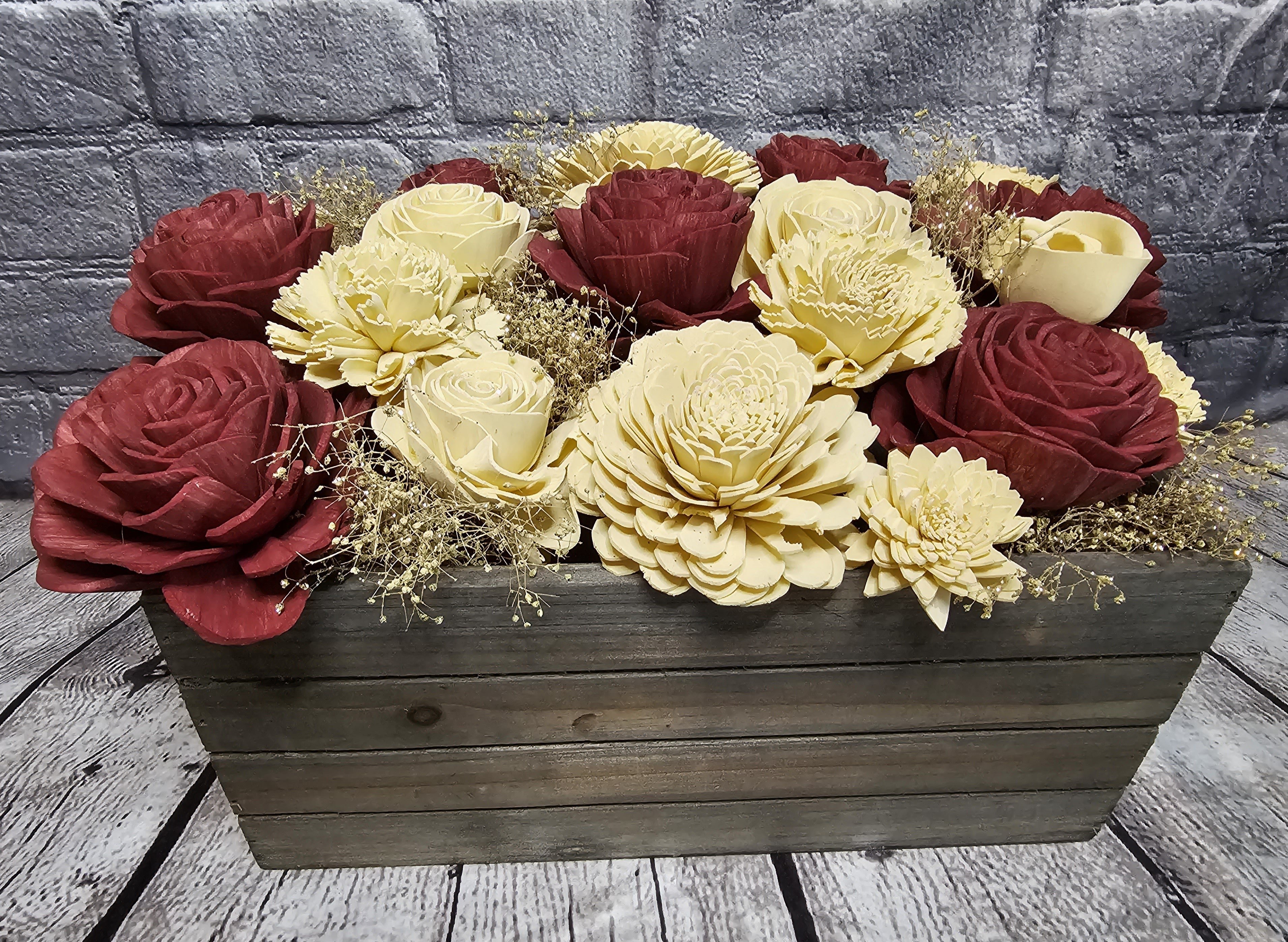 Wine & Ivory Sola Wood Floral Arrangement in Rustic Wooden Planter