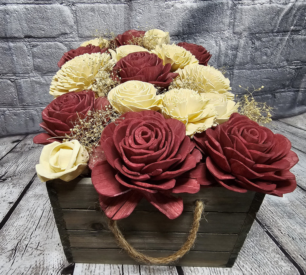 Wine & Ivory Sola Wood Floral Arrangement in Rustic Wooden Planter