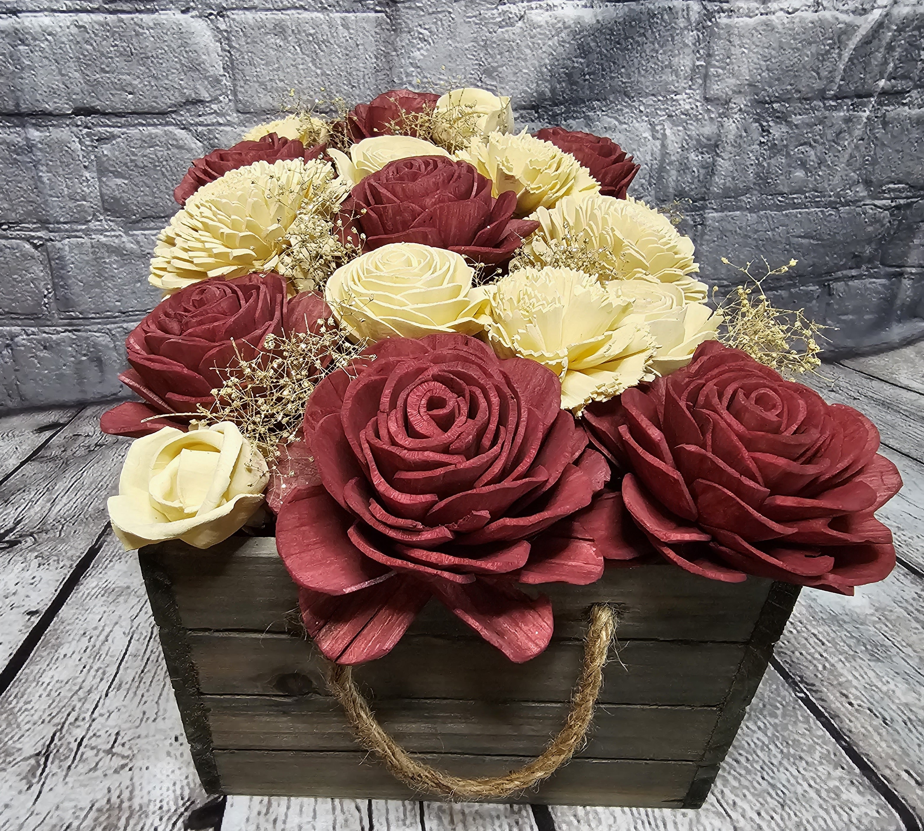 Wine & Ivory Sola Wood Floral Arrangement in Rustic Wooden Planter
