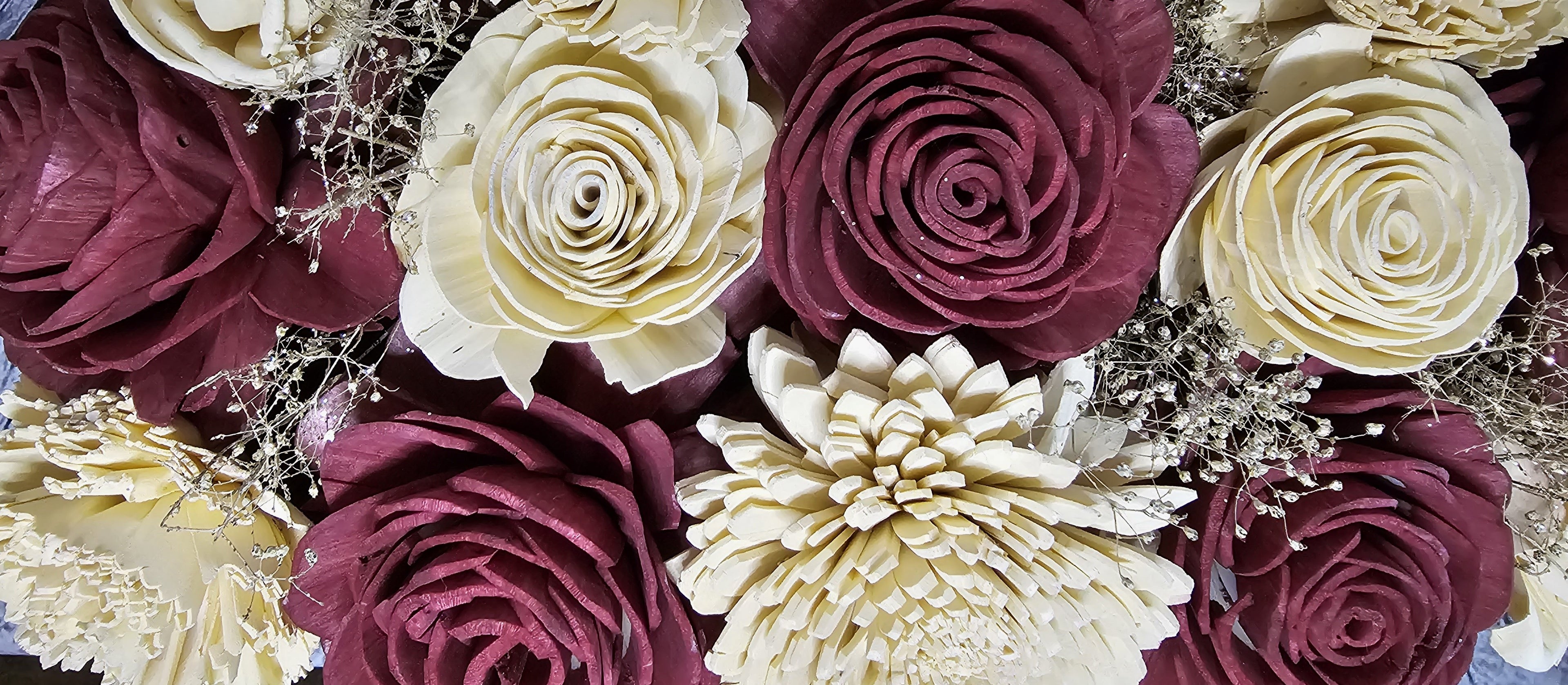 Wine & Ivory Sola Wood Floral Arrangement in Rustic Wooden Planter