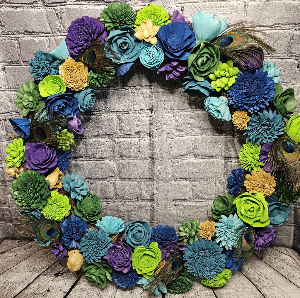 Peacock Sola Wood Grapevine Wreath | Peacock Feather Door Wreath | Teal Blue Green Floral Wreath | Custom Handmade Forever Floral Decor