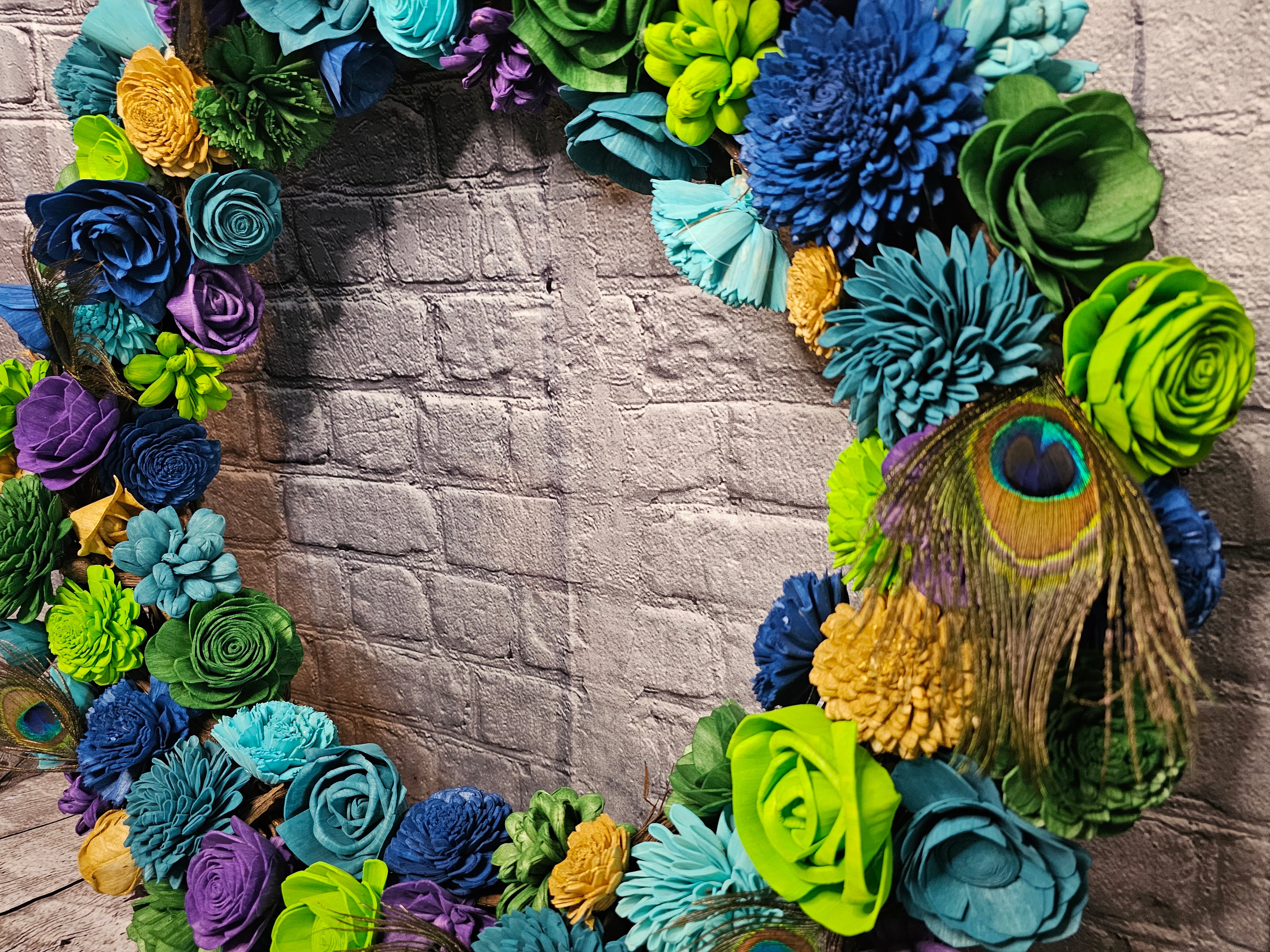 Peacock Sola Wood Grapevine Wreath | Peacock Feather Door Wreath | Teal Blue Green Floral Wreath | Custom Handmade Forever Floral Decor