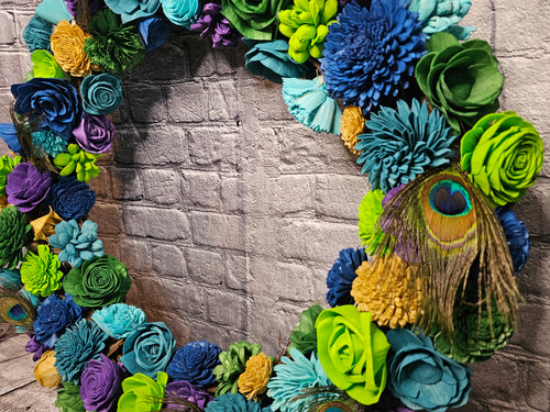 Peacock Sola Wood Grapevine Wreath | Peacock Feather Door Wreath | Teal Blue Green Floral Wreath | Custom Handmade Forever Floral Decor