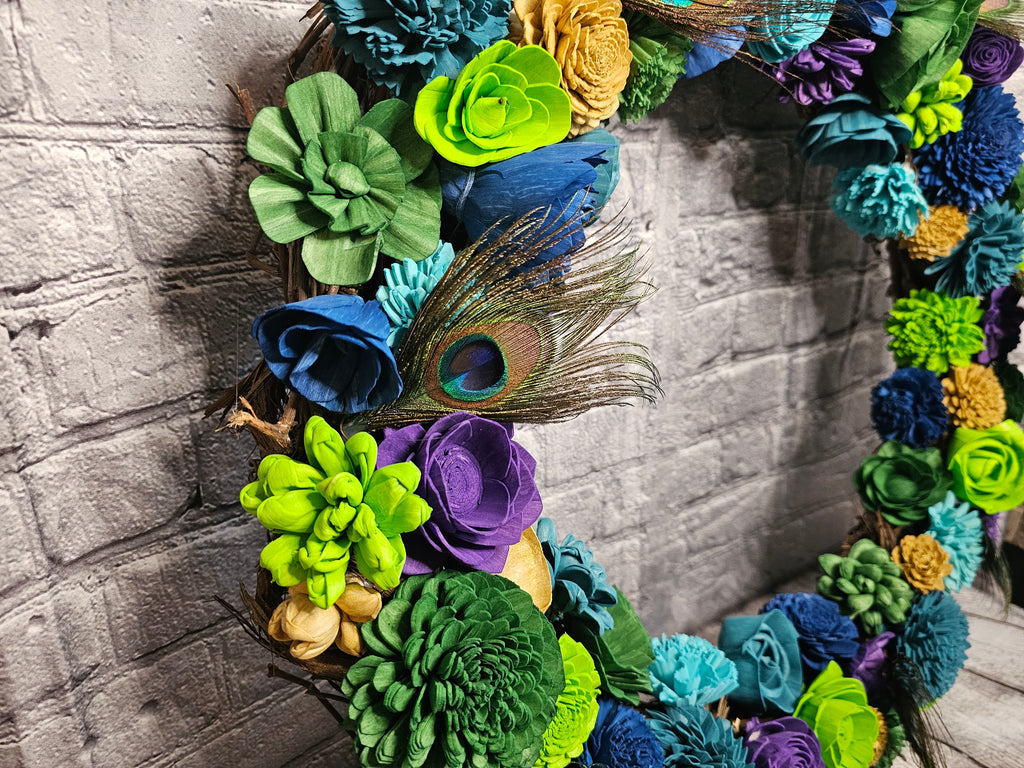 Peacock Sola Wood Grapevine Wreath | Peacock Feather Door Wreath | Teal Blue Green Floral Wreath | Custom Handmade Forever Floral Decor