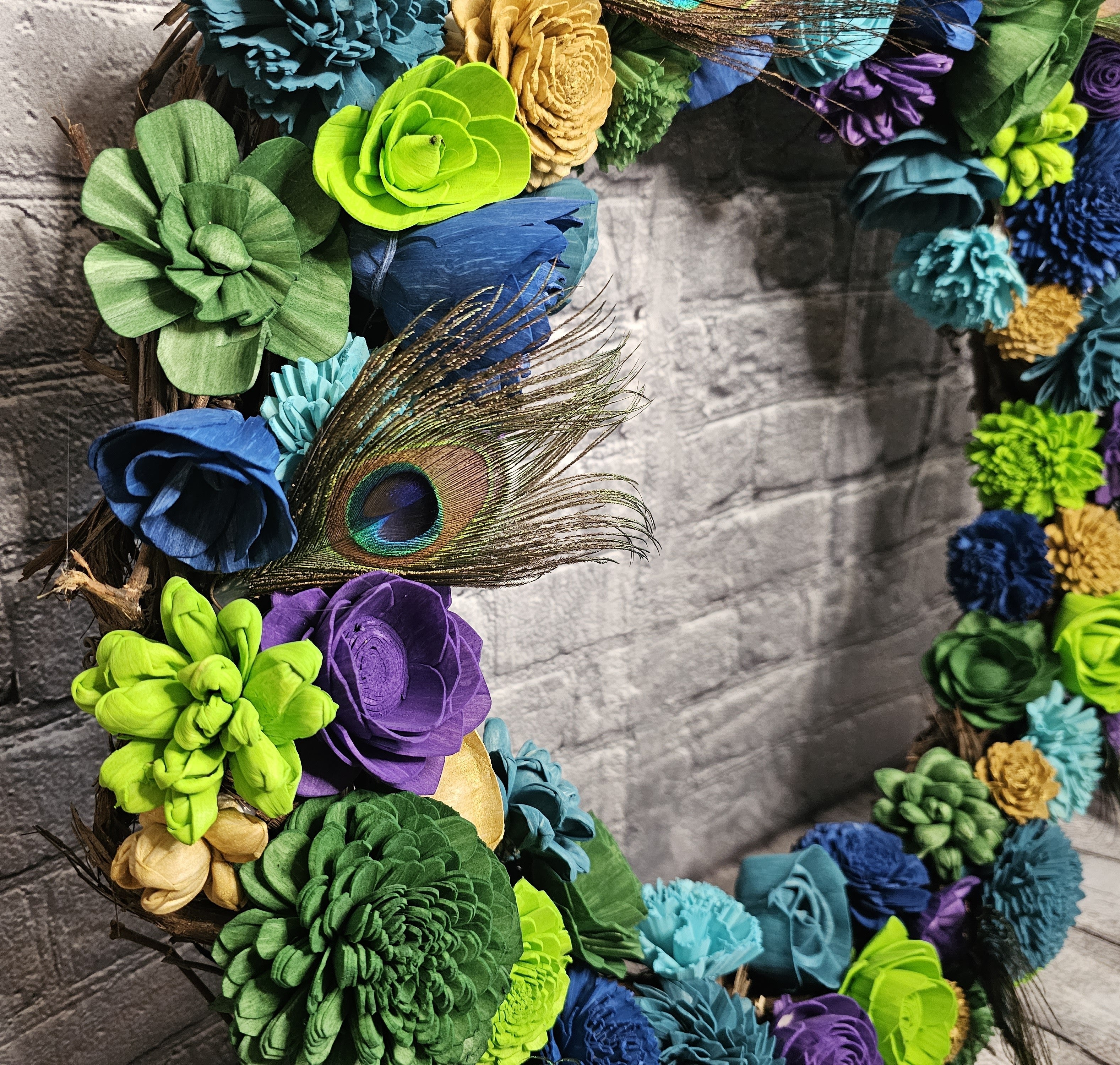 Peacock Sola Wood Grapevine Wreath | Peacock Feather Door Wreath | Teal Blue Green Floral Wreath | Custom Handmade Forever Floral Decor