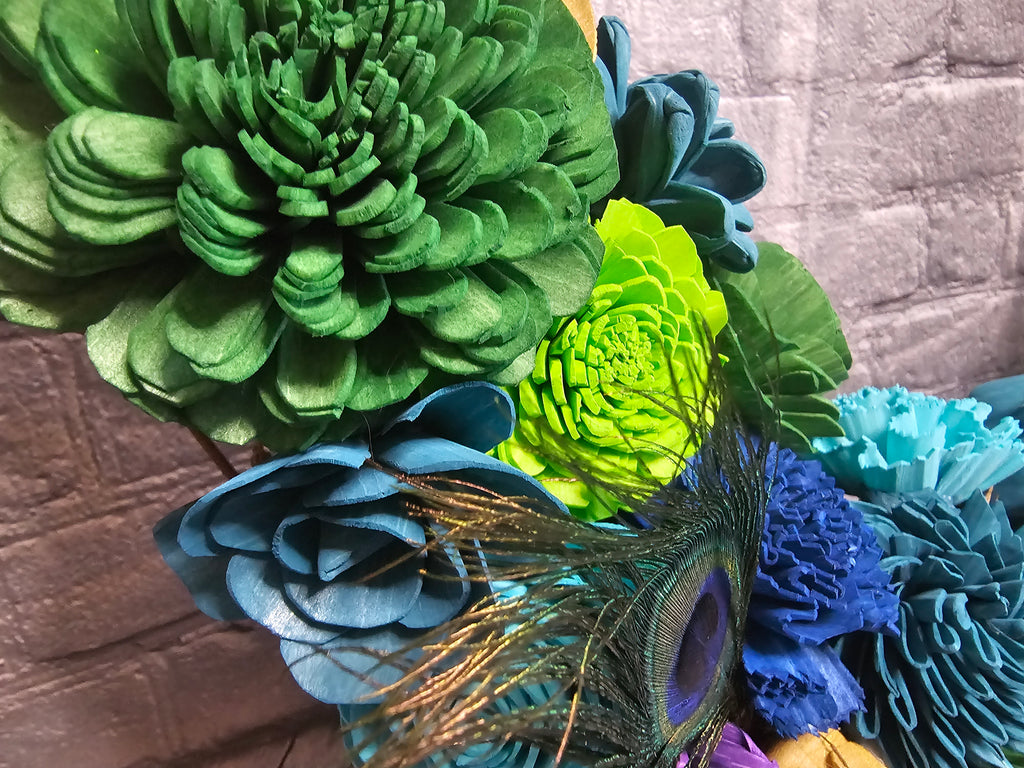 Peacock Sola Wood Grapevine Wreath | Peacock Feather Door Wreath | Teal Blue Green Floral Wreath | Custom Handmade Forever Floral Decor