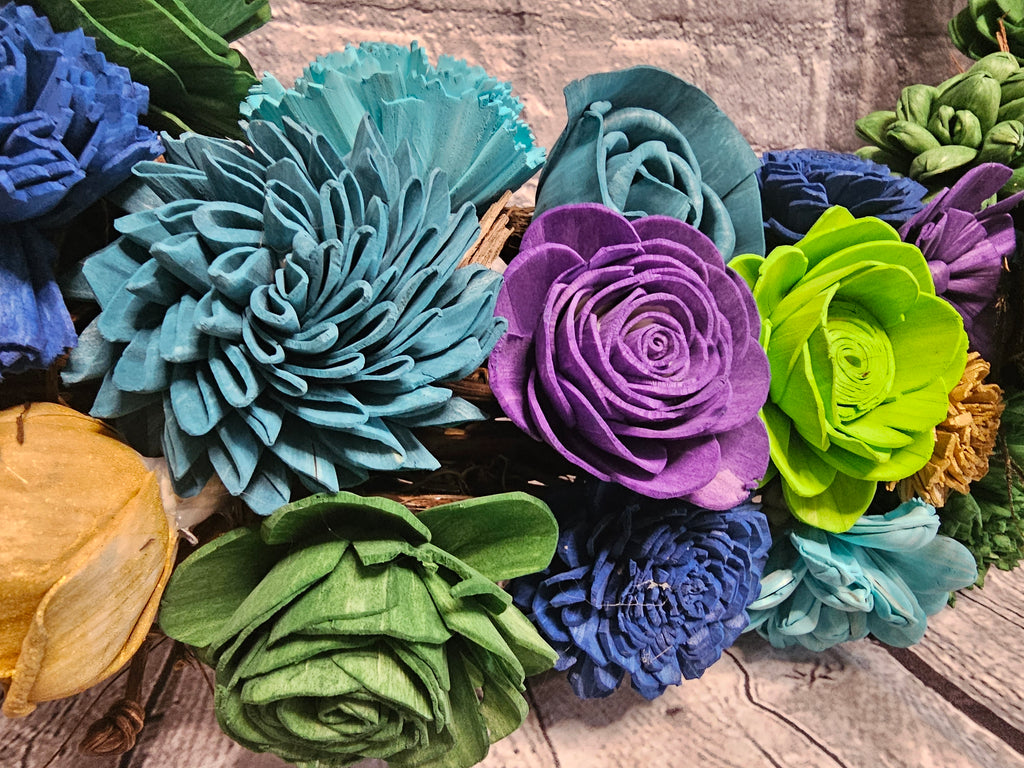 Peacock Sola Wood Grapevine Wreath | Peacock Feather Door Wreath | Teal Blue Green Floral Wreath | Custom Handmade Forever Floral Decor
