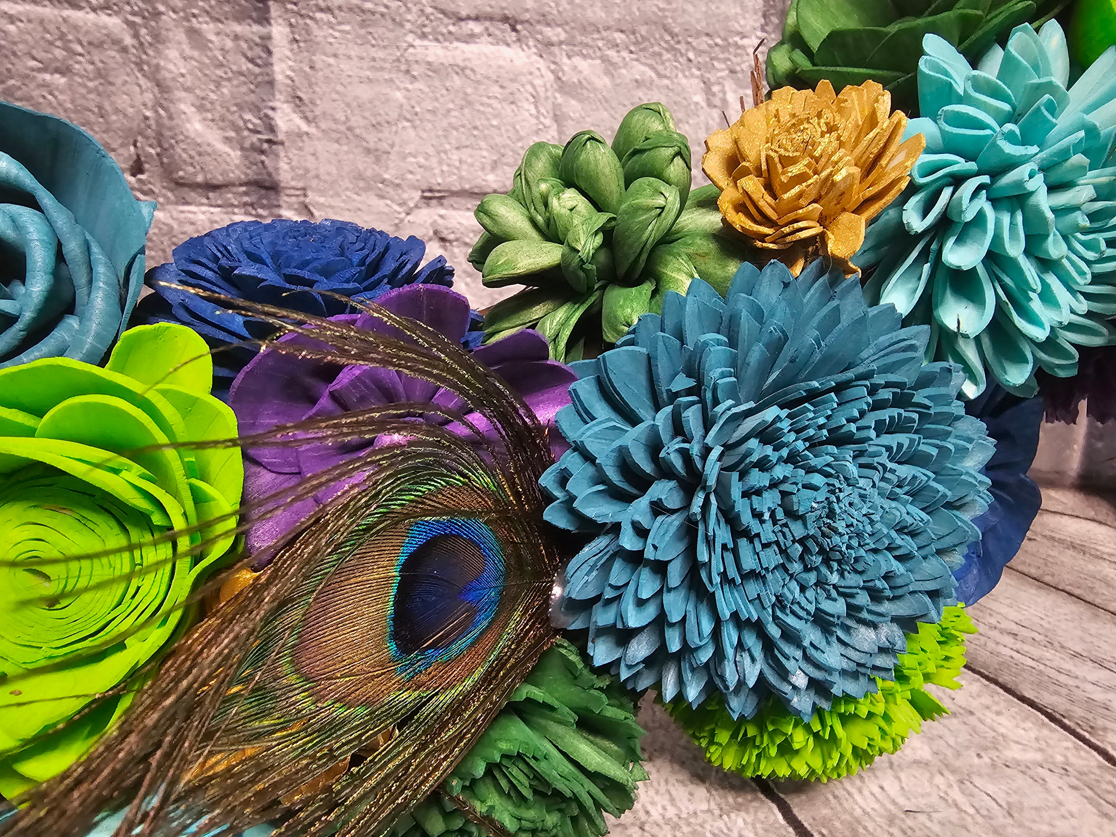 Peacock Sola Wood Grapevine Wreath | Peacock Feather Door Wreath | Teal Blue Green Floral Wreath | Custom Handmade Forever Floral Decor