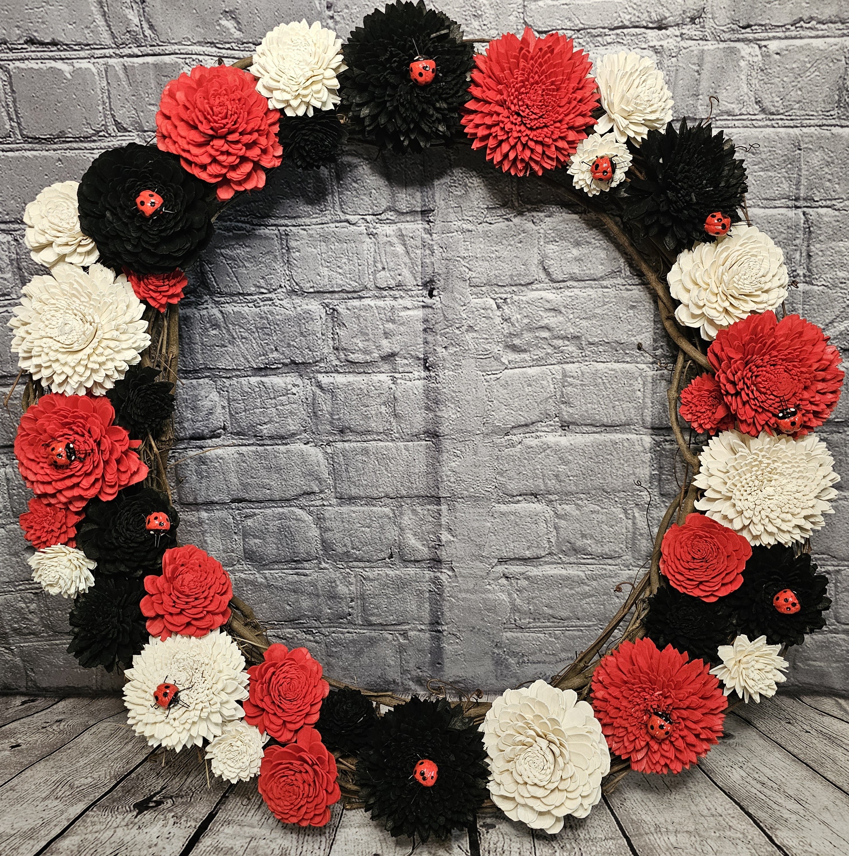 Ladybug Sola Wood Grapevine Wreath | Red Black Floral Door Wreath | Ladybug Garden Decor | Handmade Forever Floral Wreath