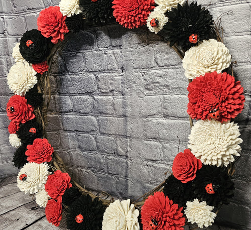Ladybug Sola Wood Grapevine Wreath | Red Black Floral Door Wreath | Ladybug Garden Decor | Handmade Forever Floral Wreath