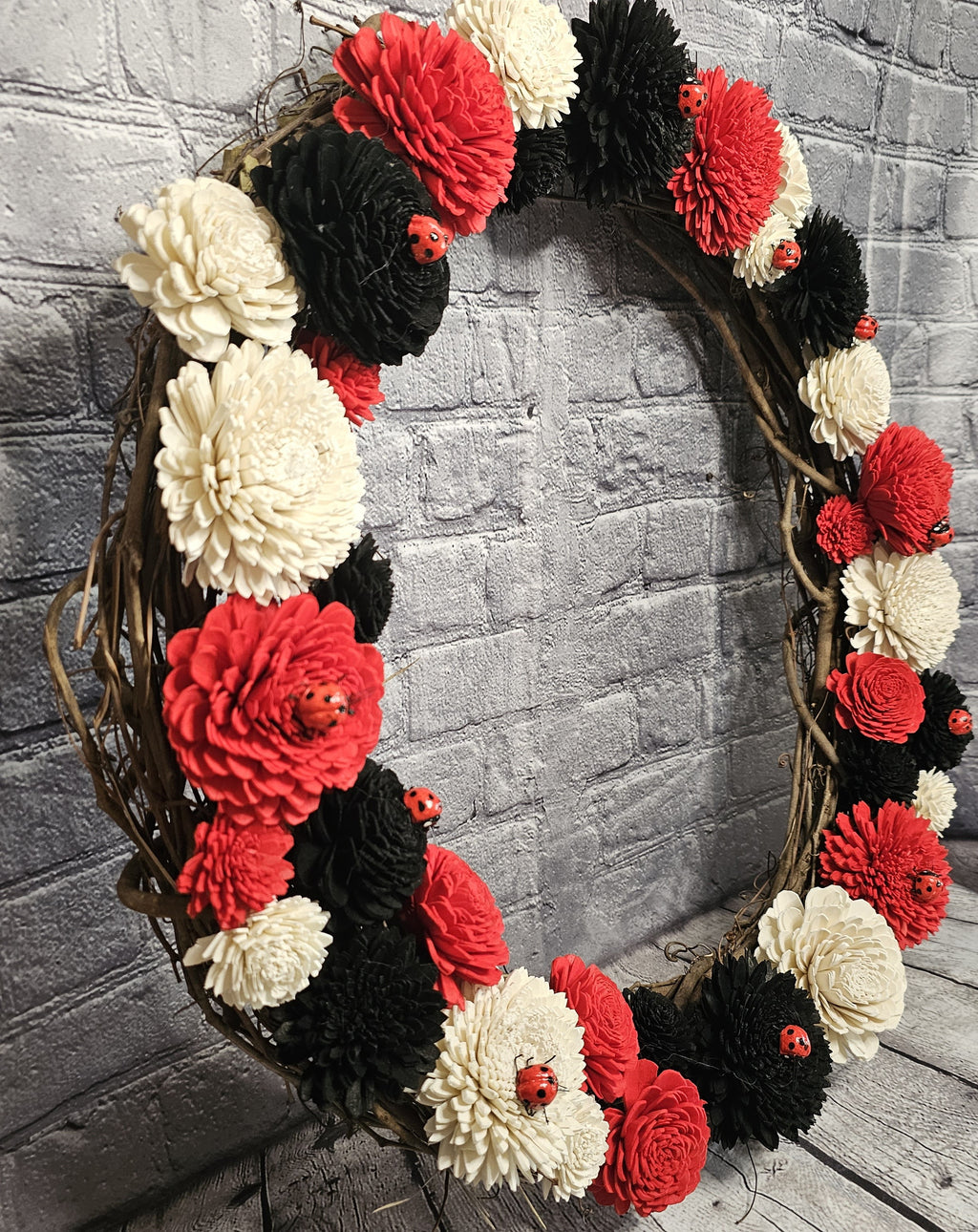 Ladybug Sola Wood Grapevine Wreath | Red Black Floral Door Wreath | Ladybug Garden Decor | Handmade Forever Floral Wreath