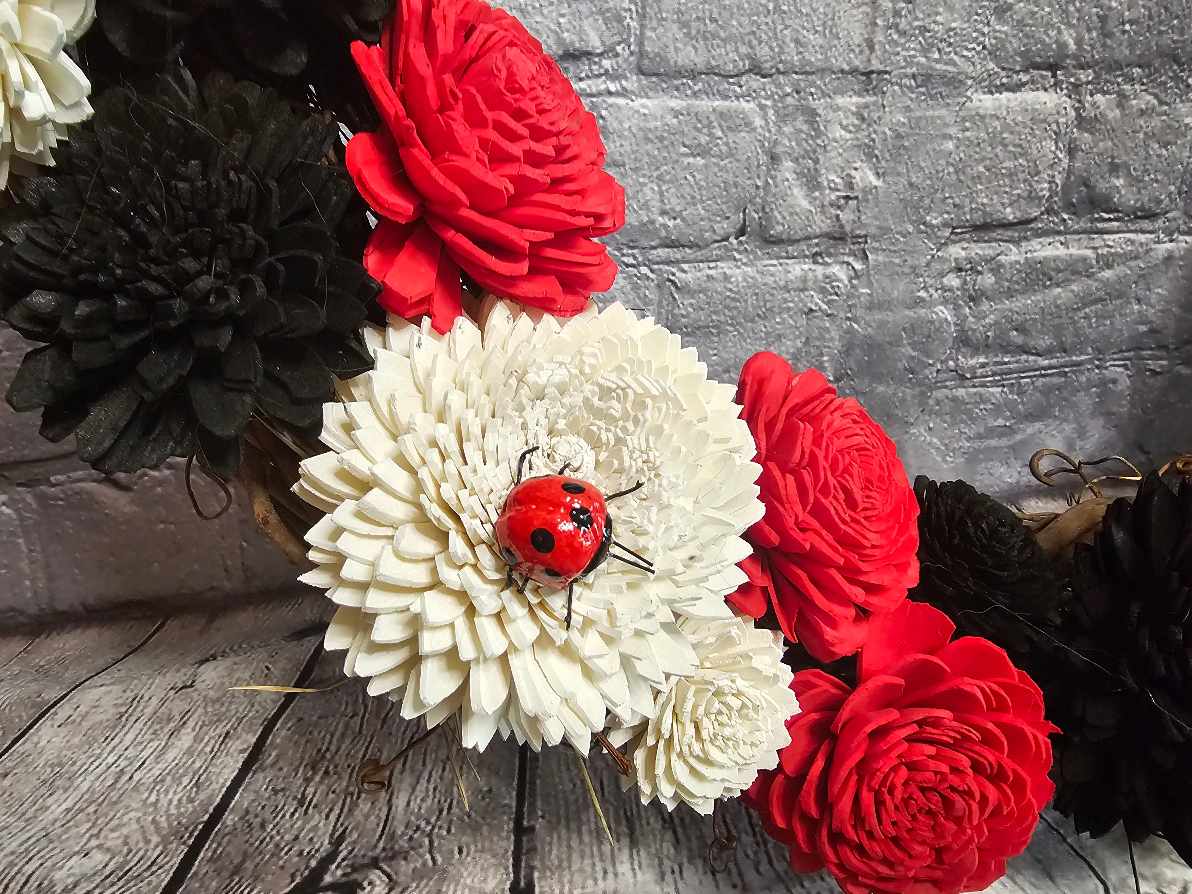 Ladybug Sola Wood Grapevine Wreath | Red Black Floral Door Wreath | Ladybug Garden Decor | Handmade Forever Floral Wreath