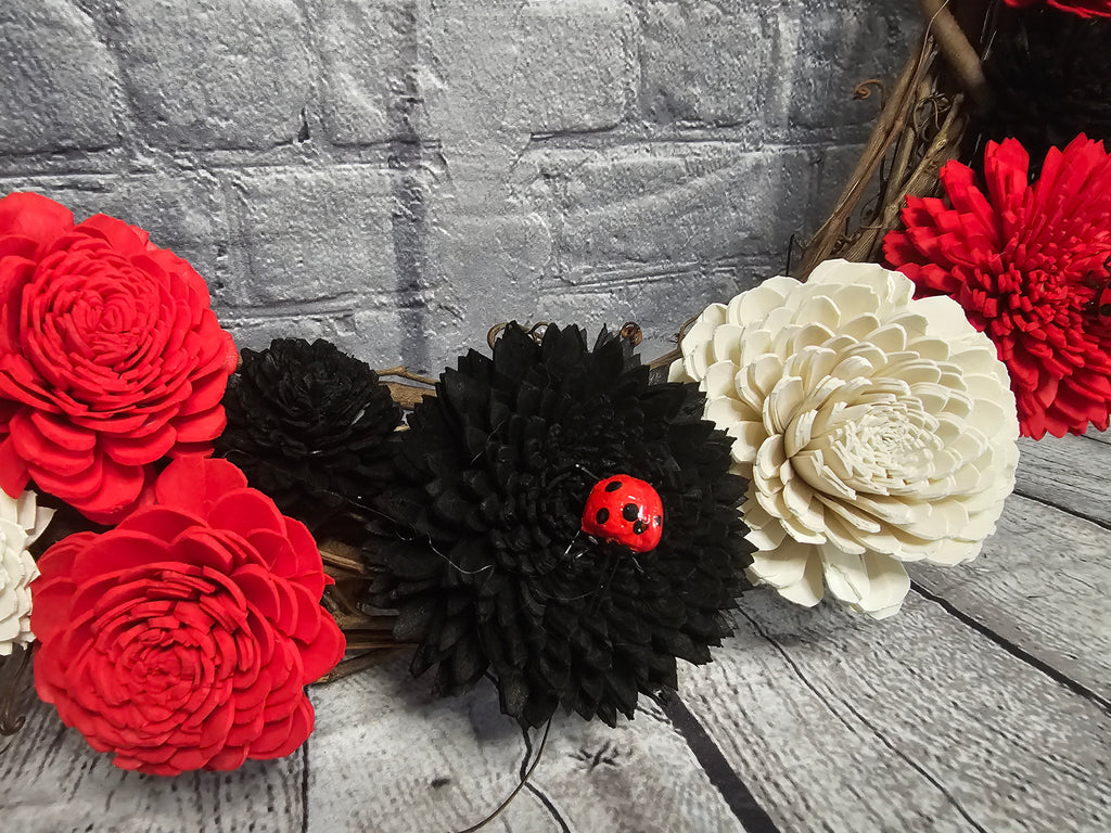Ladybug Sola Wood Grapevine Wreath | Red Black Floral Door Wreath | Ladybug Garden Decor | Handmade Forever Floral Wreath