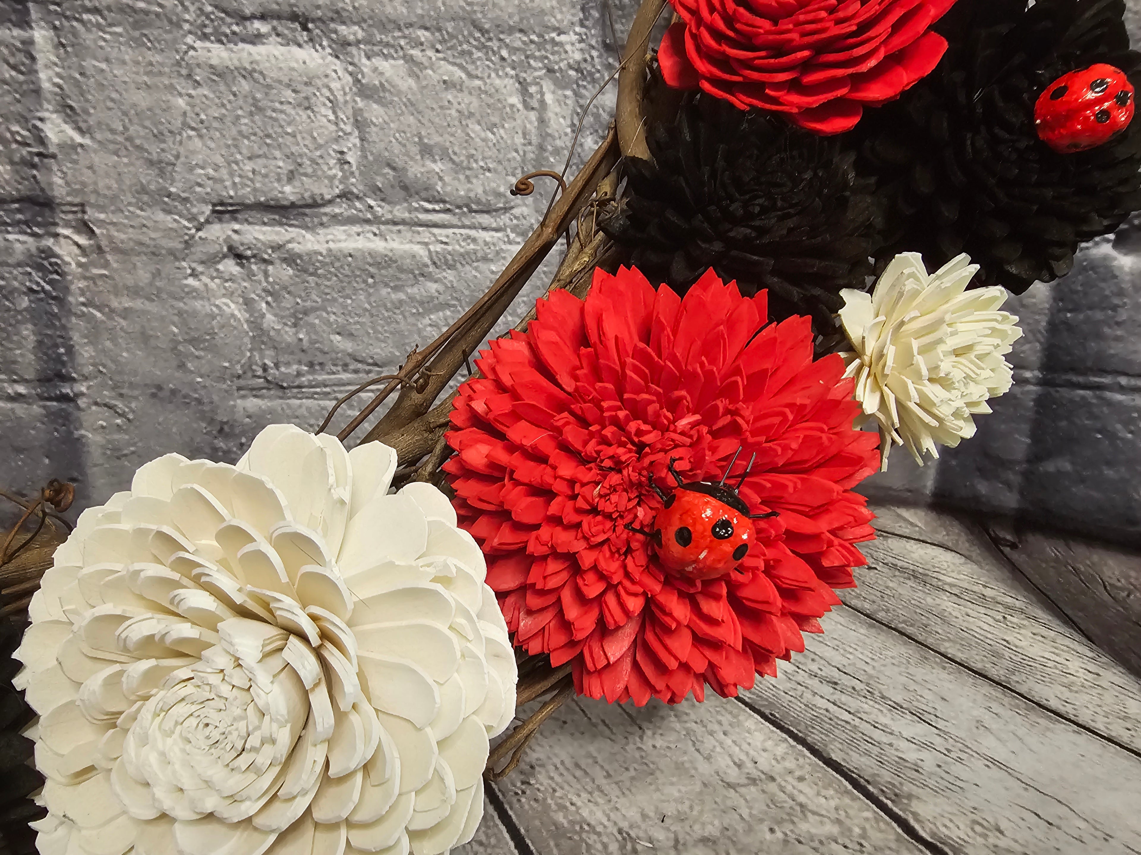 Ladybug Sola Wood Grapevine Wreath | Red Black Floral Door Wreath | Ladybug Garden Decor | Handmade Forever Floral Wreath