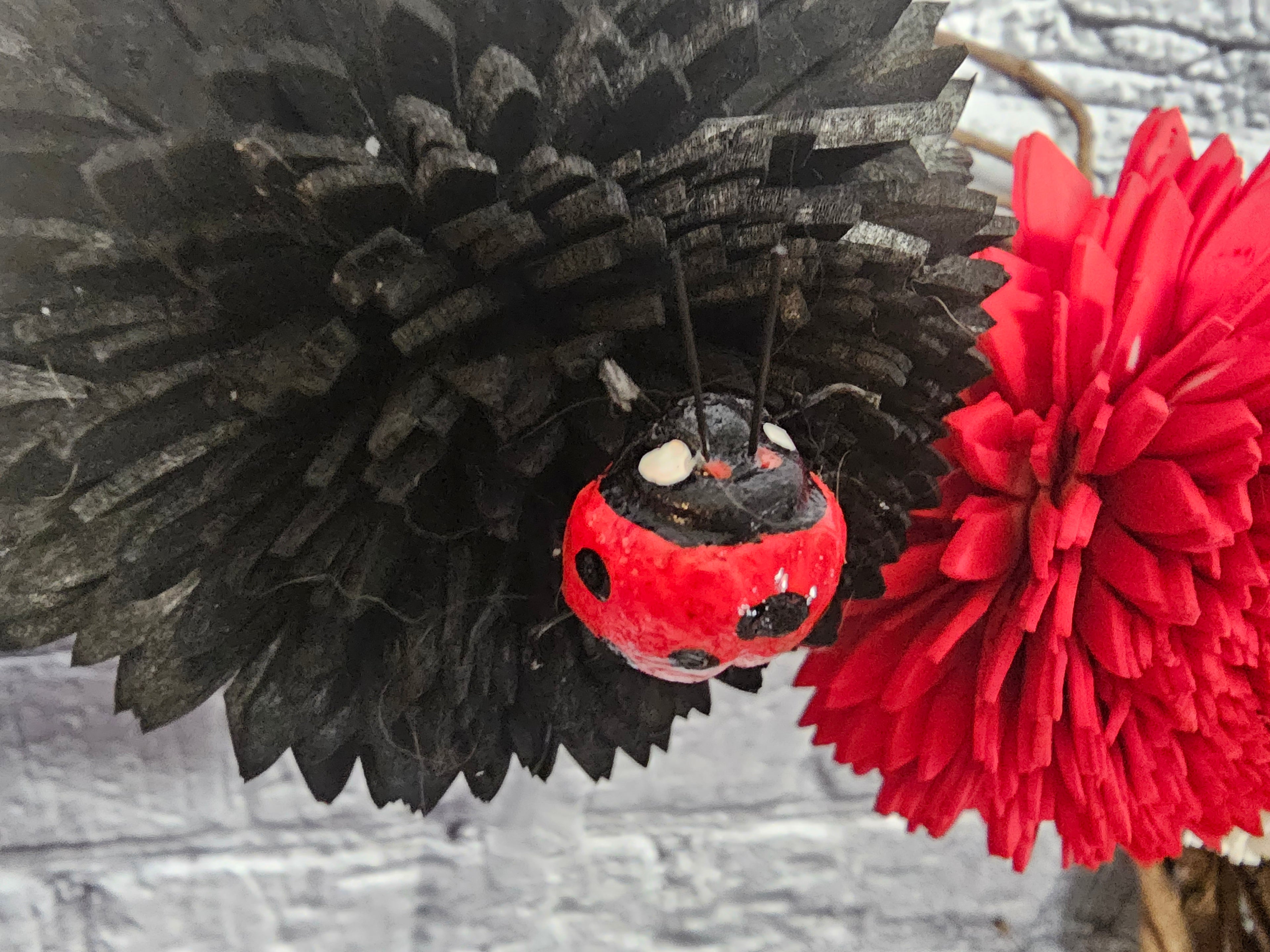 Ladybug Sola Wood Grapevine Wreath | Red Black Floral Door Wreath | Ladybug Garden Decor | Handmade Forever Floral Wreath