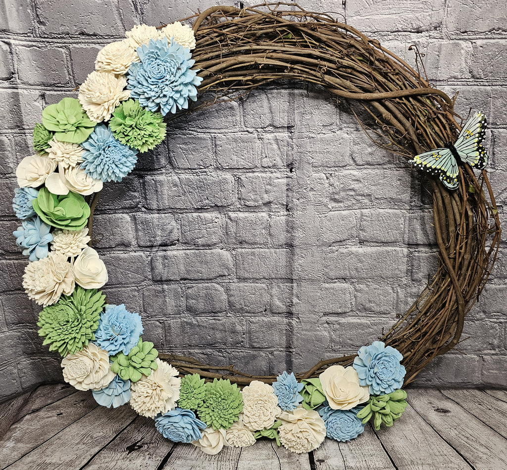 Butterfly Sola Wood Grapevine Wreath | Blue Green Ivory Floral Door Wreath | Spring Garden Decor | Handmade Forever Floral Wreath