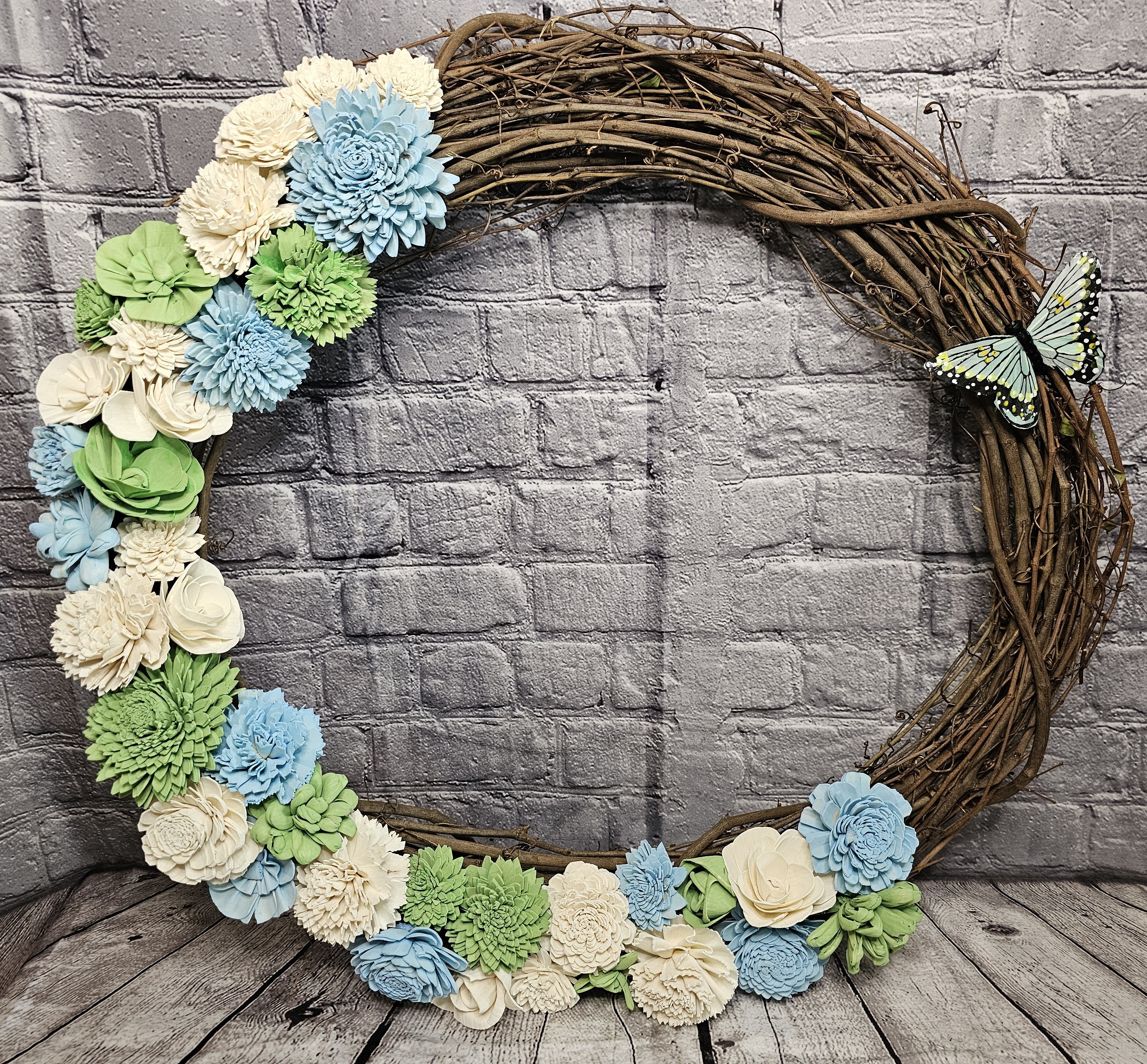 Butterfly Sola Wood Grapevine Wreath | Blue Green Ivory Floral Door Wreath | Spring Garden Decor | Handmade Forever Floral Wreath