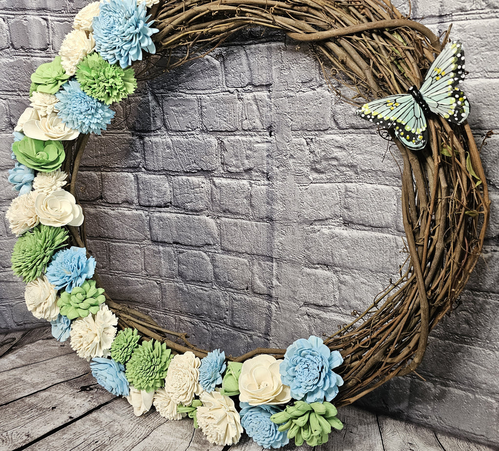 Butterfly Sola Wood Grapevine Wreath | Blue Green Ivory Floral Door Wreath | Spring Garden Decor | Handmade Forever Floral Wreath