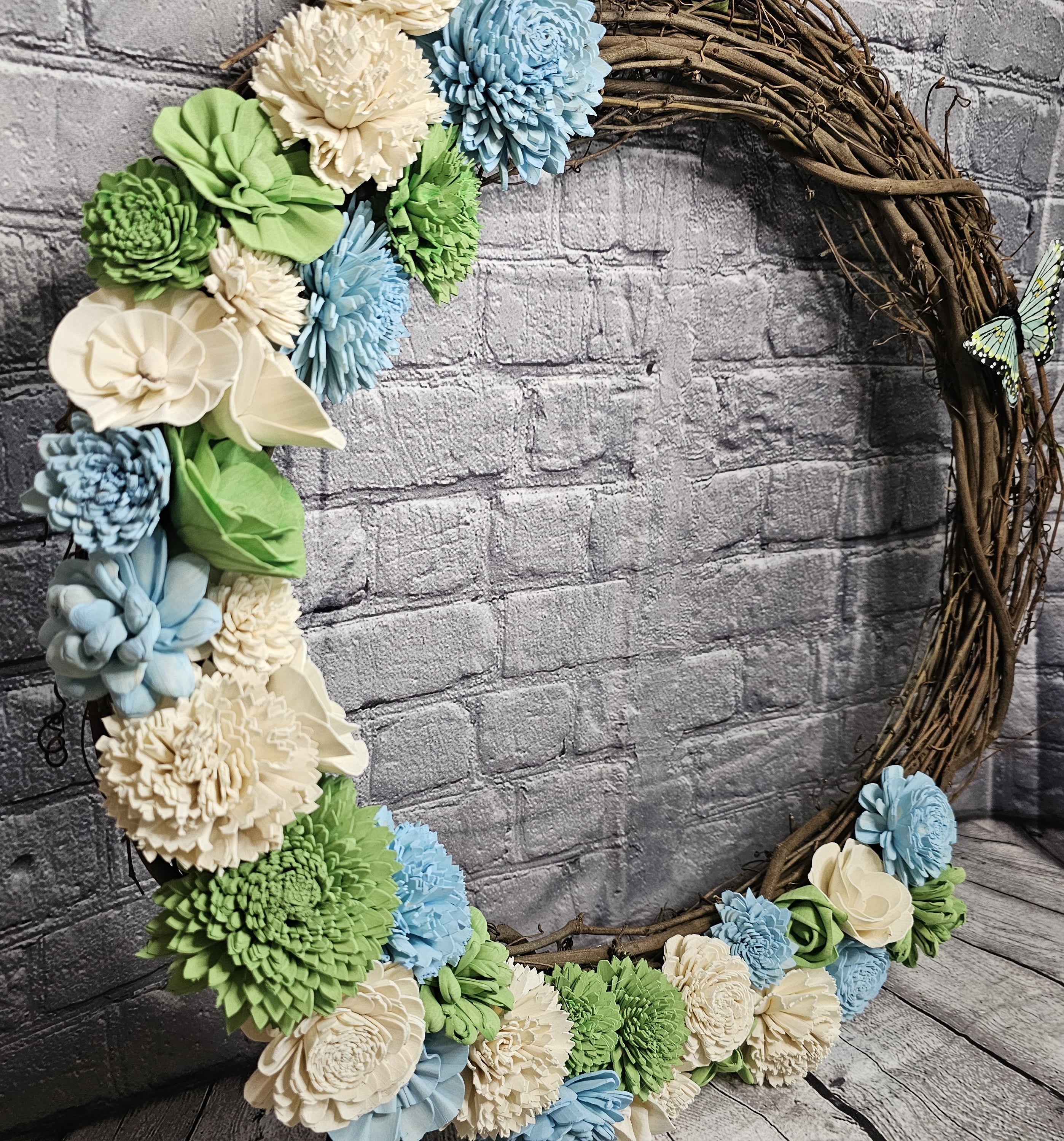 Butterfly Sola Wood Grapevine Wreath | Blue Green Ivory Floral Door Wreath | Spring Garden Decor | Handmade Forever Floral Wreath