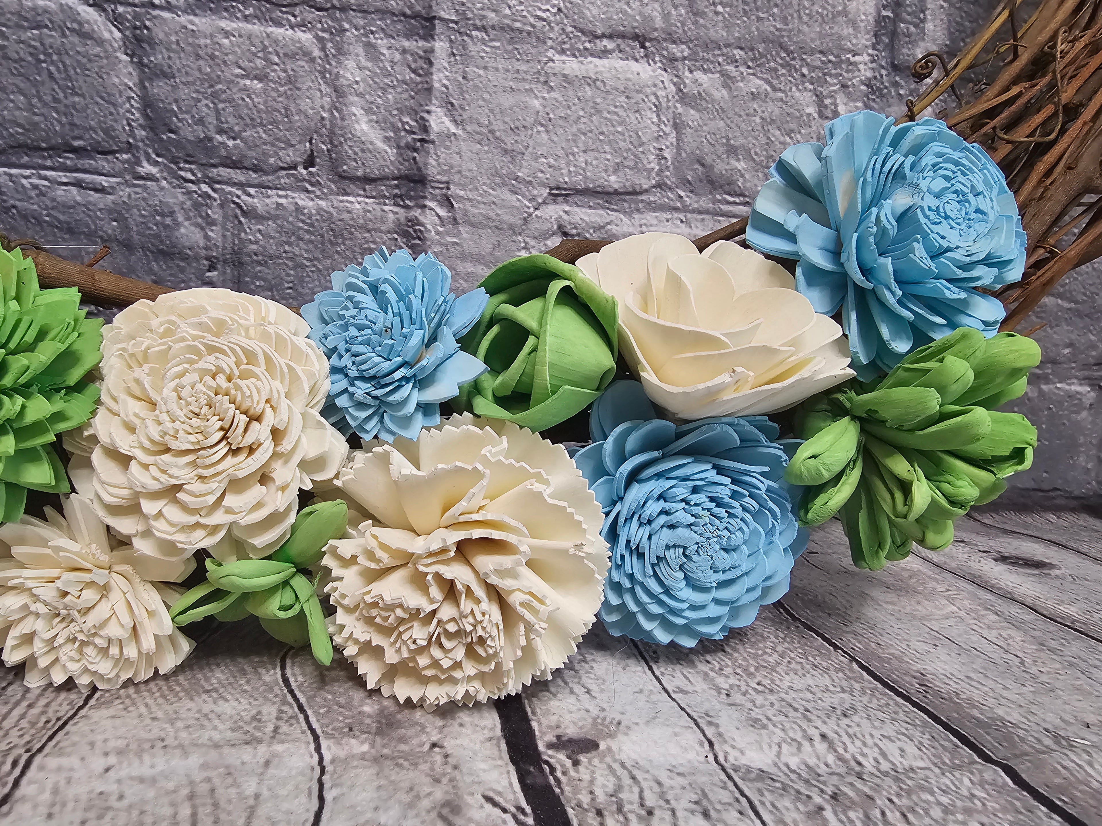 Butterfly Sola Wood Grapevine Wreath | Blue Green Ivory Floral Door Wreath | Spring Garden Decor | Handmade Forever Floral Wreath