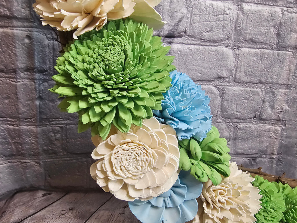 Butterfly Sola Wood Grapevine Wreath | Blue Green Ivory Floral Door Wreath | Spring Garden Decor | Handmade Forever Floral Wreath